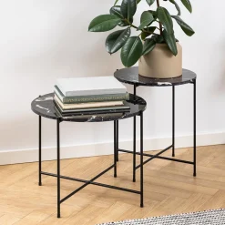 Light sidebord, sort marmor